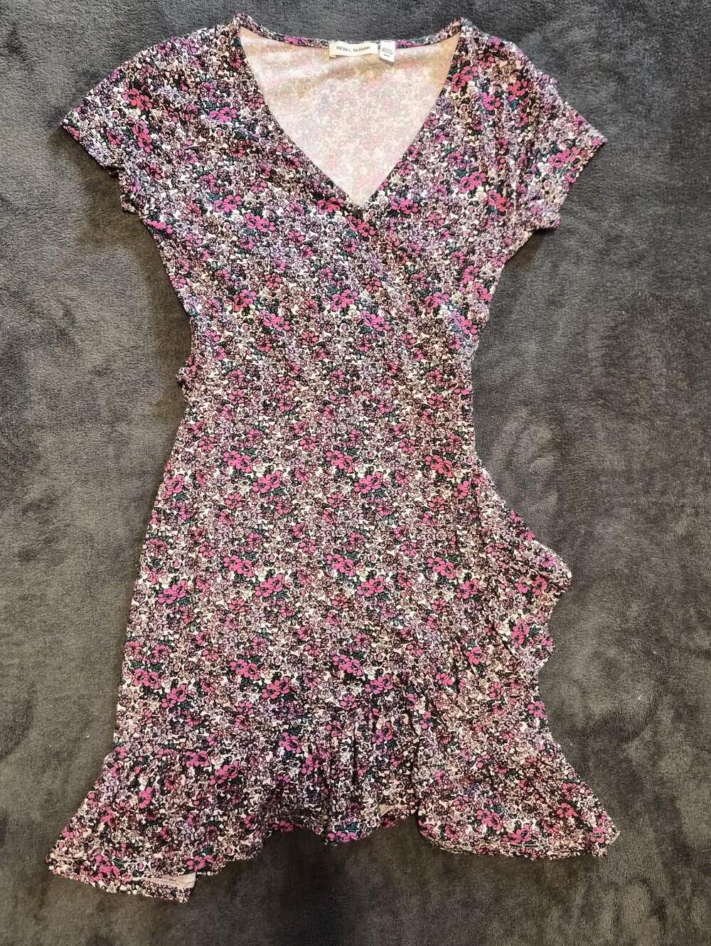 Rebel Sugar Floral Faux Wrap Dress in Pink and Purple